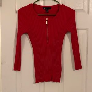 INC bright red sweater with gold zipper detail